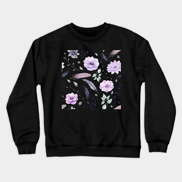 Seamless Pattern of Watercolor Feathers and Flowers Crewneck Sweatshirt by Cordata